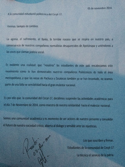 El documento que entregaron los alumnos de la Voca de Las Joyas.